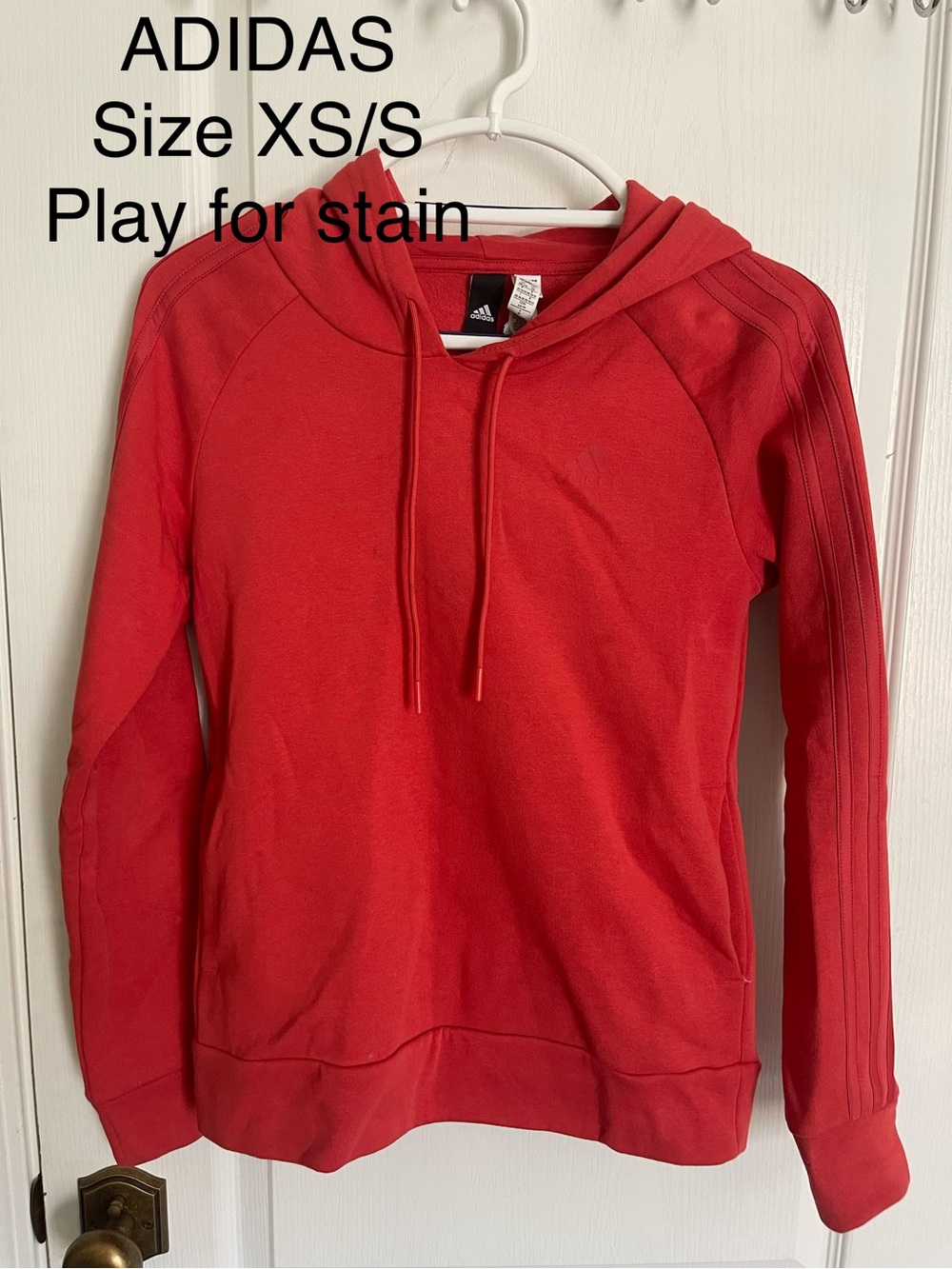 adidas Red Hooded Pullover with Three-Stripe Sleeve